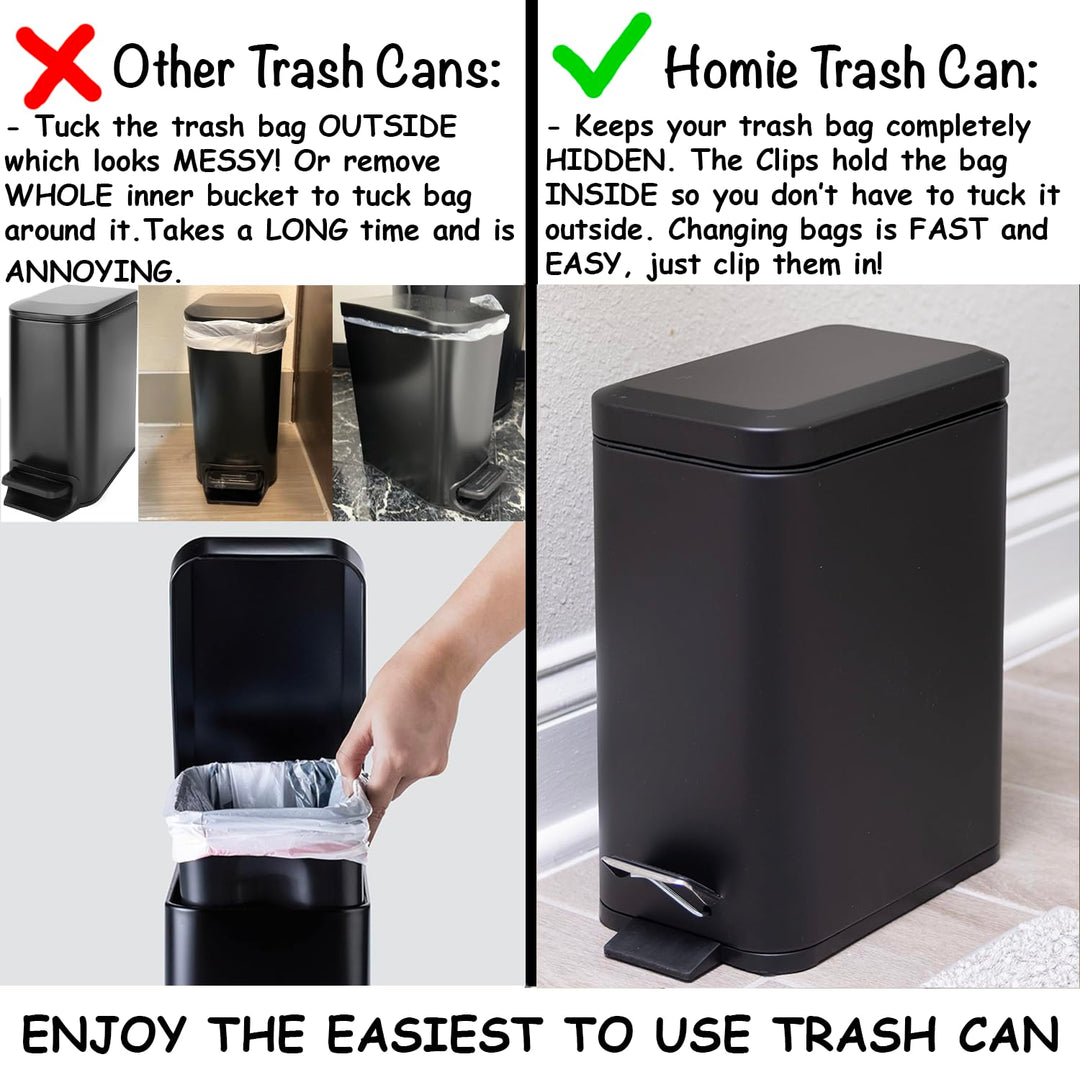 Soft Close, Slim Trash Can 1.6 Gallon with Anti - Bag Slip Liner and Lid, Use as Mini Garbage Basket, Slim Dust Bin, or Decor in Bathroom, Restroom, Kitchen, or Bedroom (Matte Black)
