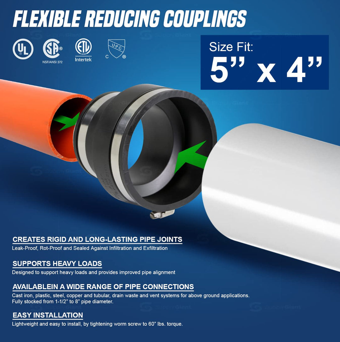 6I59 Flexible Pvc Reducing Coupling with Stainless Steel Clamps, 5.5 x 4.5Inner Diameter for 5 x 4 Nominal Pipe, Black