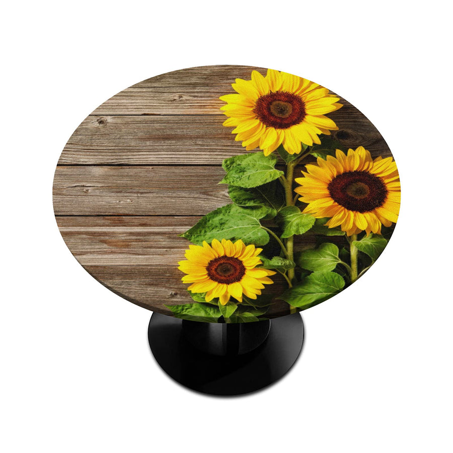 Wooden Flower Sunflower Fitted Round Tablecloth with Elastic Stain Resistant Table Cloth Waterproof Table Cover for Kitchen Dining Party Fits up to 36-42, Small