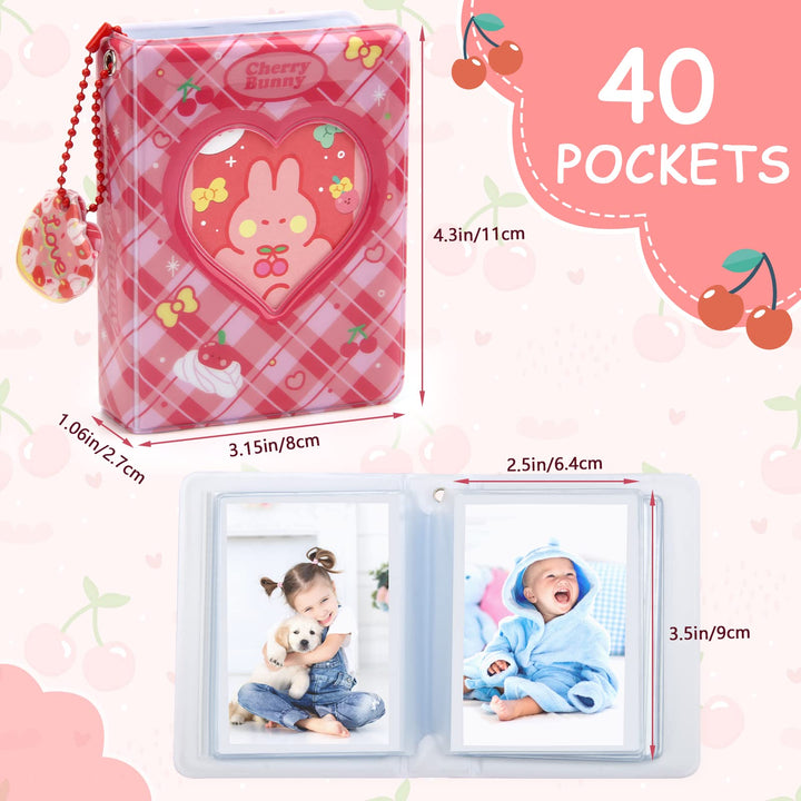 3 Inch Mini Photo Album, Kpop Photocard Holder Book 40 Pockets With Heart Cherry Pendant and Rabbit Card, Love Heart Hollow Out Photocard Binder For Collecting Picture(Red)