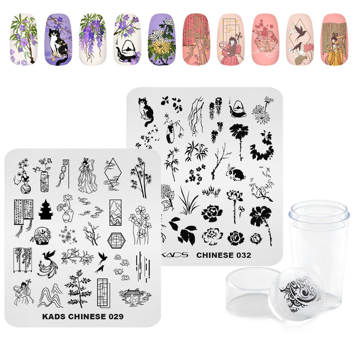 Nail Stamping Plates Stamper Set Chinese Style 2 Stamp Templates + 1 Silicone Stamper (Beauty & Cat)
