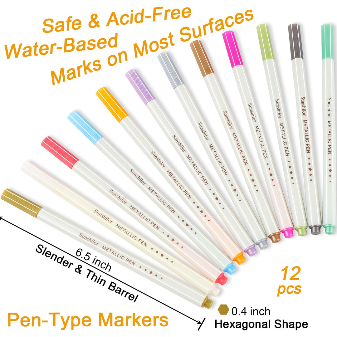 Metallic Markers Fine Point Metallic Marker Pens for Black Paper, Rock Painting, Easter Egg, Halloween Pumpkin, Card Making, Metal, Ceramic, Wine Glass, Set of 12