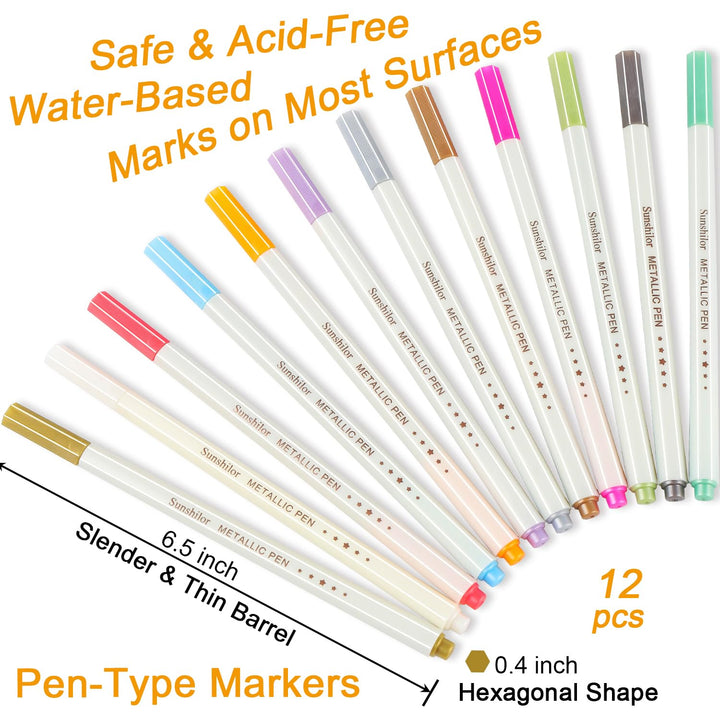 Metallic Markers Fine Point Metallic Marker Pens for Black Paper, Rock Painting, Easter Egg, Halloween Pumpkin, Card Making, Metal, Ceramic, Wine Glass, Set of 12