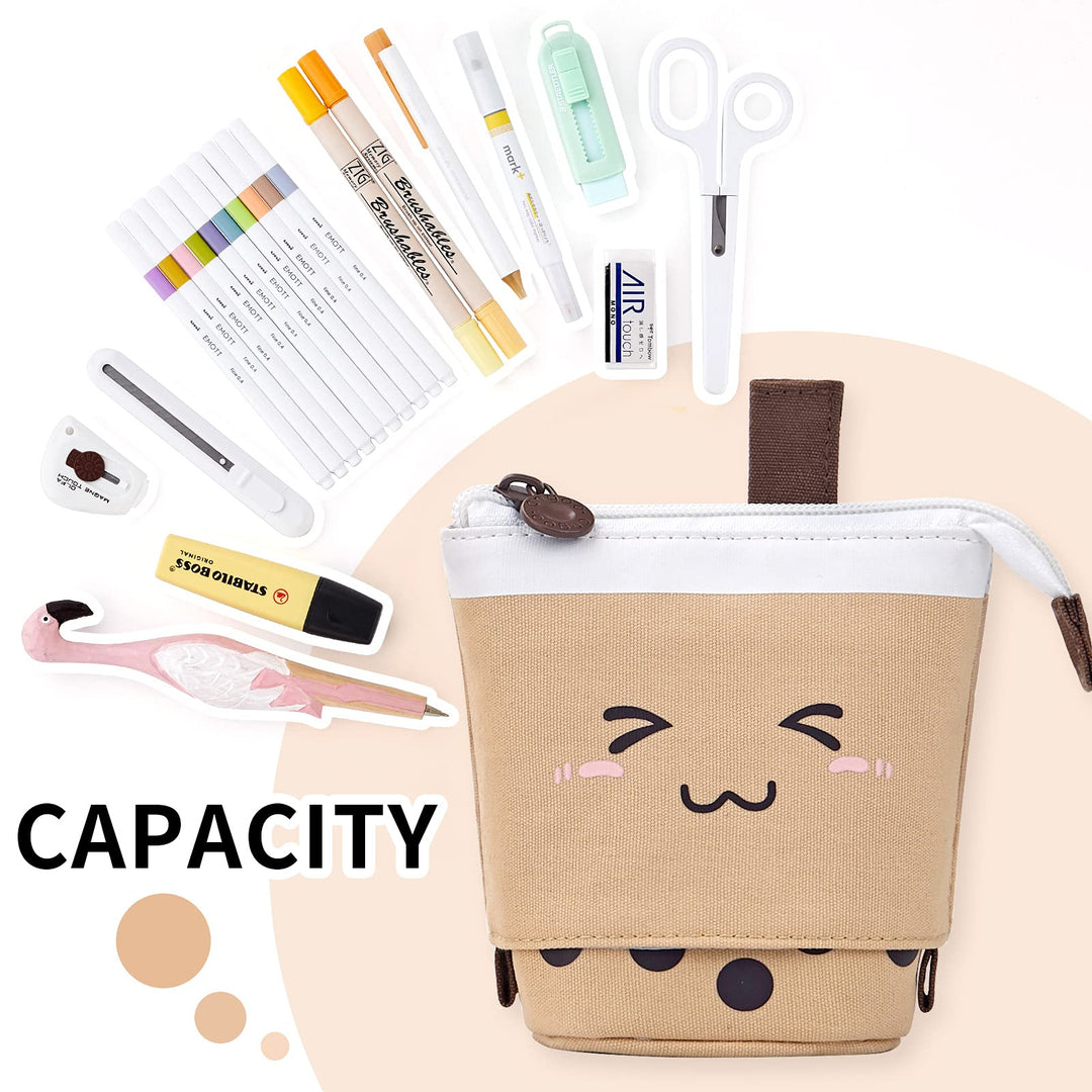 Cute Pencil Case Standing Pen Holder Telescopic Makeup Pouch Pop Up Cosmetics Bag with Kawaii Smile Face Stationery case Office Organizer Box for Girls/Boys Students Women Adult (Brown)