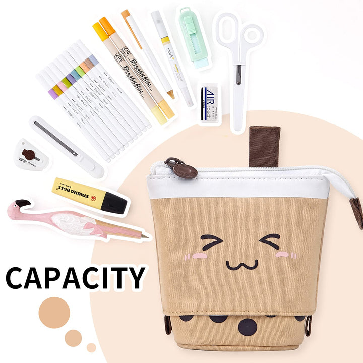 Cute Pencil Case Standing Pen Holder Telescopic Makeup Pouch Pop Up Cosmetics Bag with Kawaii Smile Face Stationery case Office Organizer Box for Girls/Boys Students Women Adult (Brown)