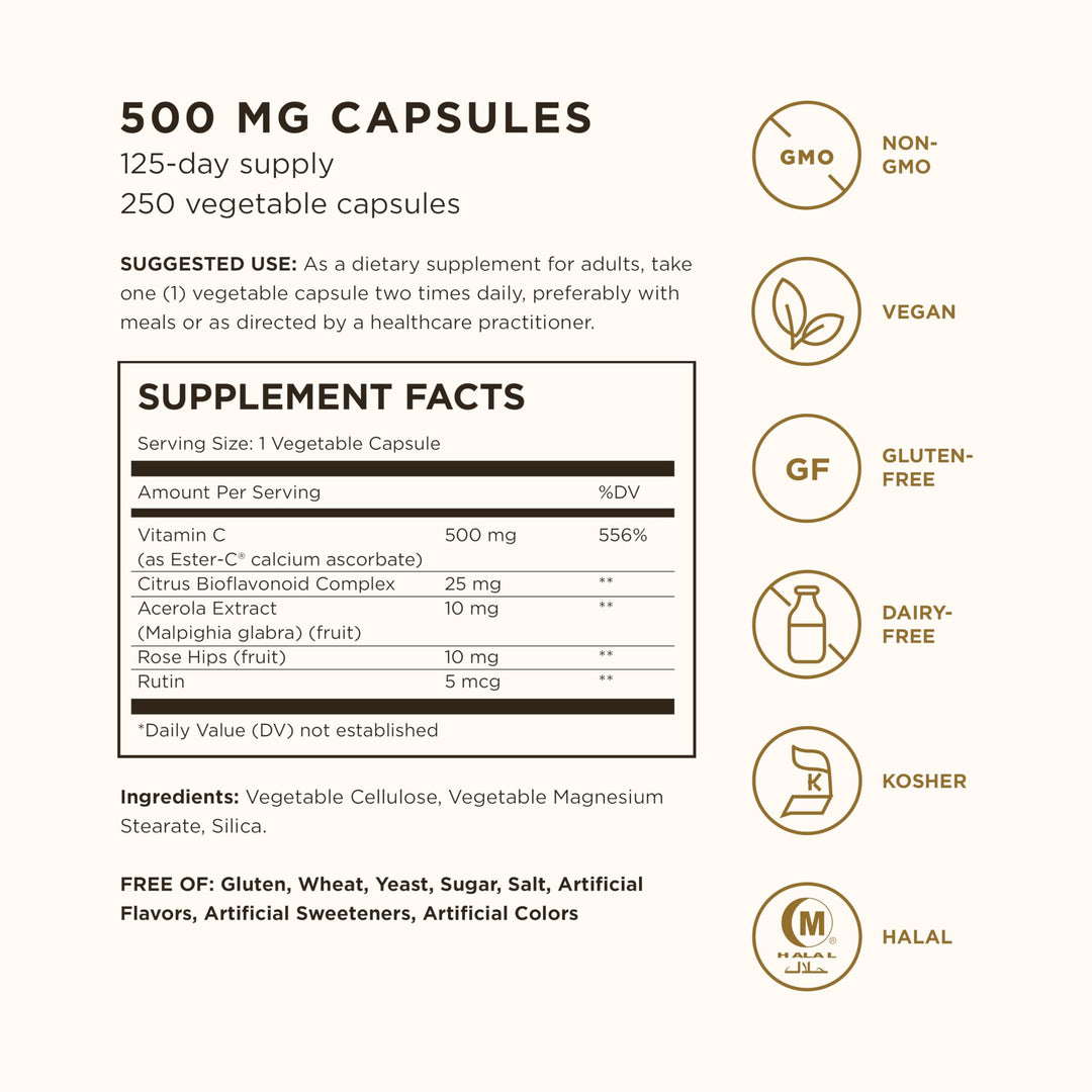 Solgar Ester-C Plus Vitamin C (Ascorbate Complex) - Gentle & Non Acidic - Antioxidant & Immune Support - Non GMO, Vegan, Gluten Free, Kosher - Berry, Standard Packaging, 250 Count