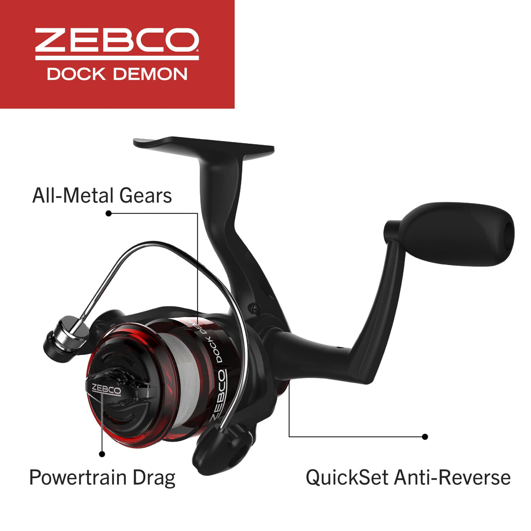 Dock Demon Spinning Reel and Fishing Rod Combo, 30-inch 1-Piece Fiberglass Fishing Pole, EVA Rod Handle, Size 10 Reel, Powertrain Drag, Pre-Spooled with 6-Pound Line, Red