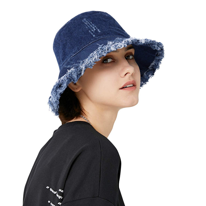 Fray Blue Jean Bucket Hat for Women Retro Mens Fringe Brim Denim Fisherman Caps Packable Spring Summer Sun Hat