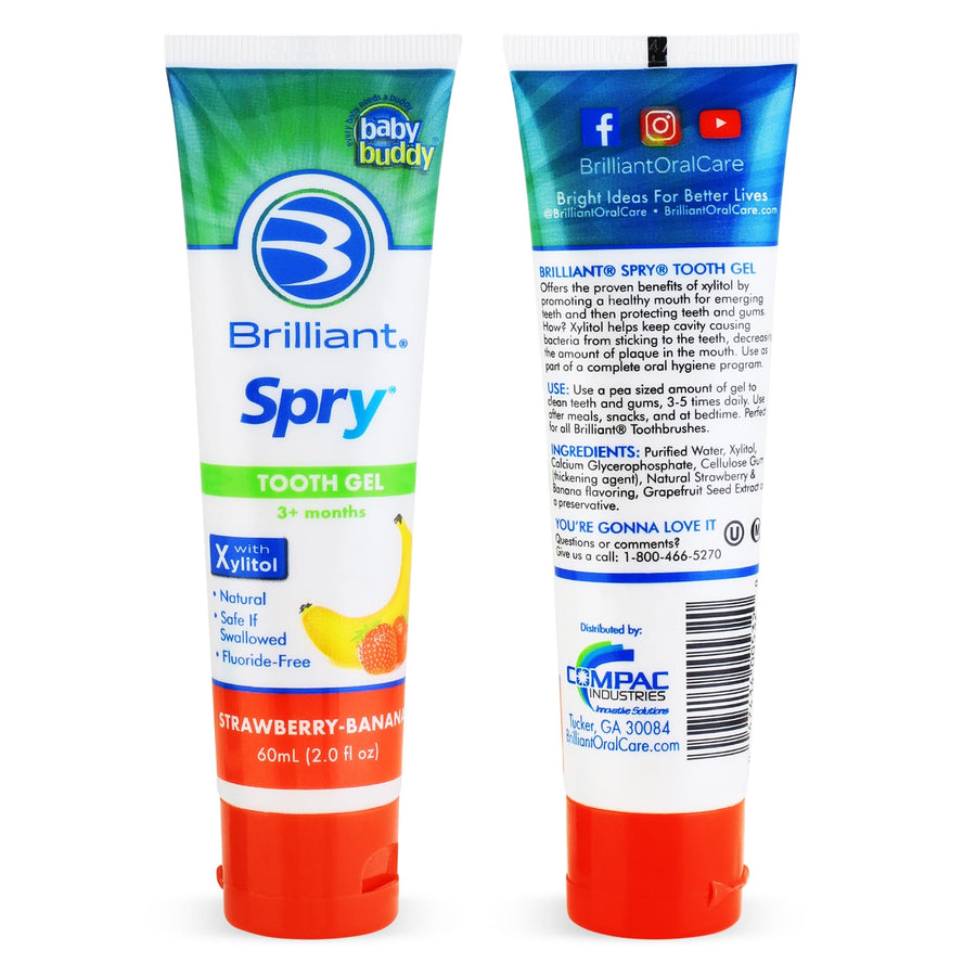 Baby Buddy Kids Toothpaste Gel With Xylitol For Teeth And Gums - Natural, Safe If Swallowed, Fluoride Free - Strawberry Banana - 2 Oz - 3 Months And Up - By Spry