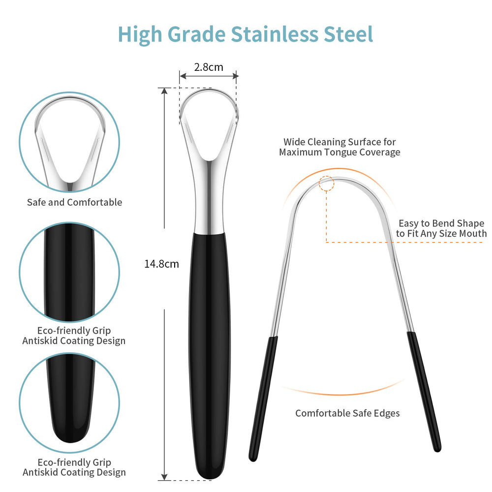 4 Pieces Tongue Cleaners Stainless Steel Tongue Scrapers Oral Tongue Brushes, Red and Black (U Shape, Straight Shape)