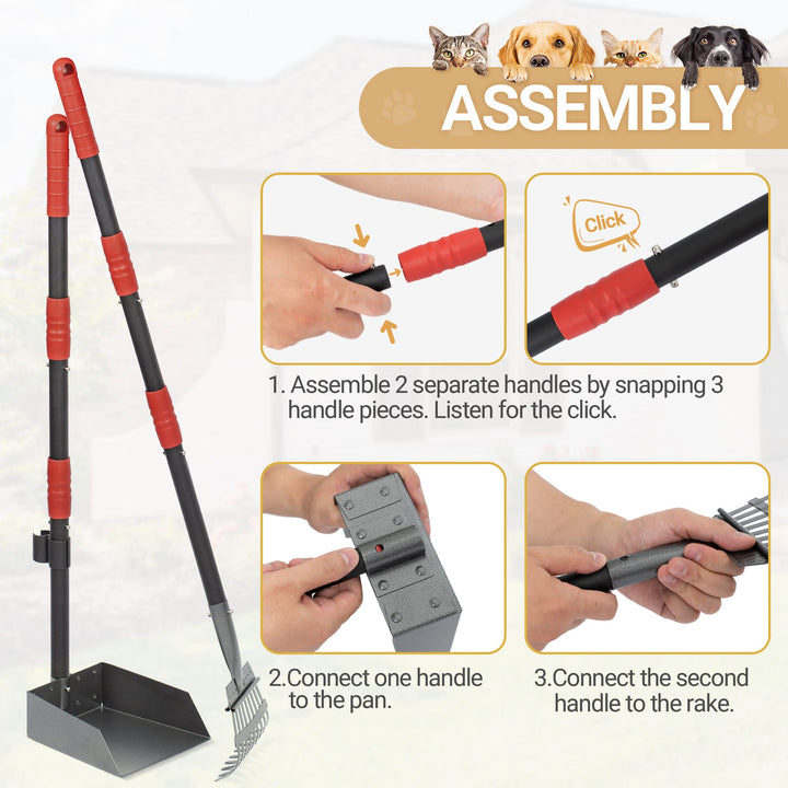 Dog Pooper Scooper, Dog Poop Tray and Rake Set, Pet Waste Removal Scoop with Long Adjustable Sectional Stainless Handles, 2 Pieces