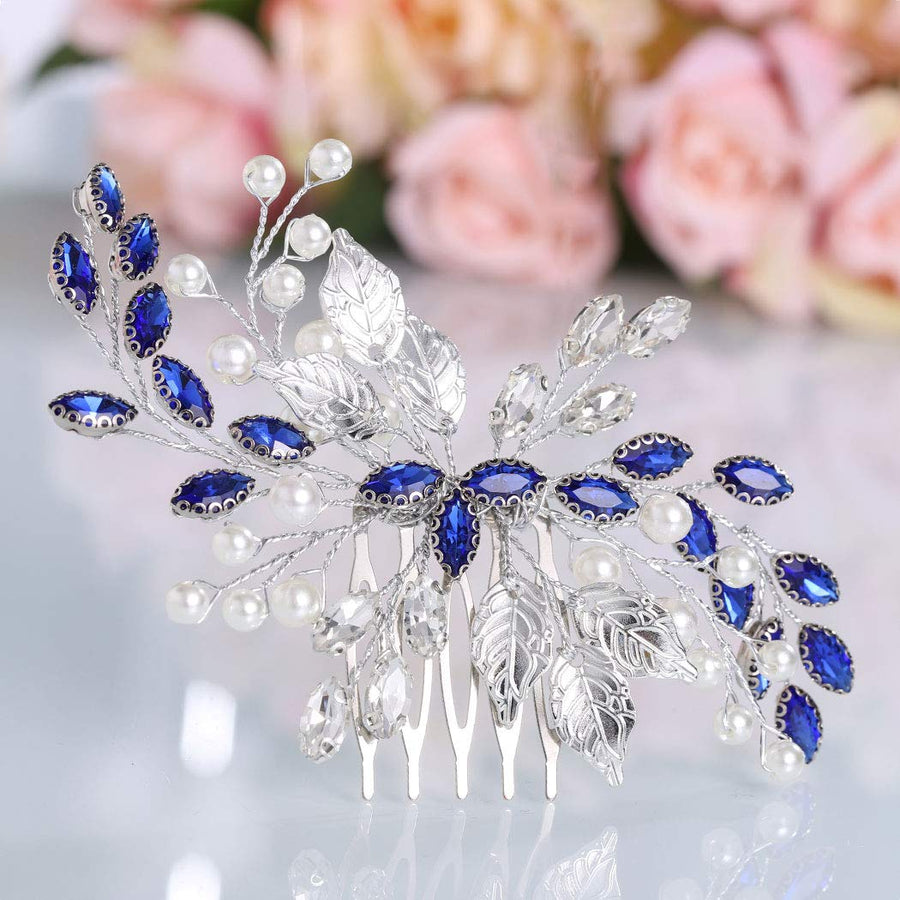 Bride Wedding Hair Comb Blue Rhinestone Bridal Hair Accessories for Wedding Hair Pieces for Women and Flower Girls