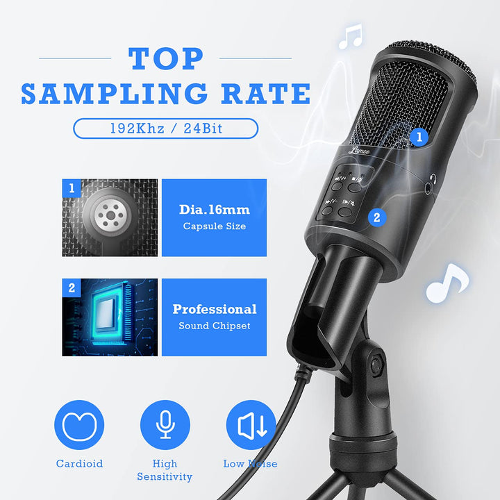 Lamoe USB Podcast Studio Condenser Mic, Recording Condenser Microphone kit with Boom Arm Sound Card 192KHZ/24Bit, Plug & Play Instrument Microphones for PC Karaoke YouTube Streaming Gaming-U188
