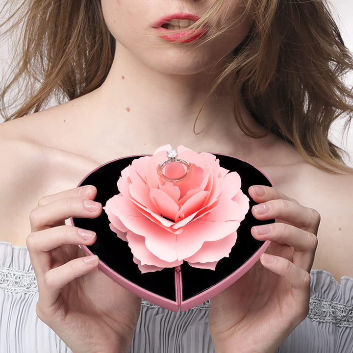 Engagement Ring Box,Ring Rose Box Surprise Jewelry Storage Holder for Woman as Proposal Engagement Wedding Ring Jewelry Gift Case in Valentine's Day ect. (Heart Shaped-Pink)