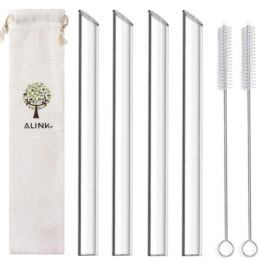 Reusable Glass Boba Straws, 14mm Extra Wide Clear Smoothie Straws for Bubble Tea, Pack of 4 with 1 Case and 2 Brush
