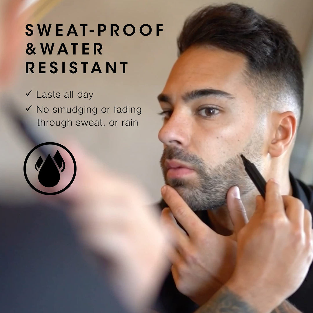 Beard Pencil Filler - Water Proof, Long Lasting Coverage & Natural Finish - Beard, Moustache & Eyebrows - Micro-Fork Tip for Seamless Application - Includes Bristle Brush for Blending (Black)