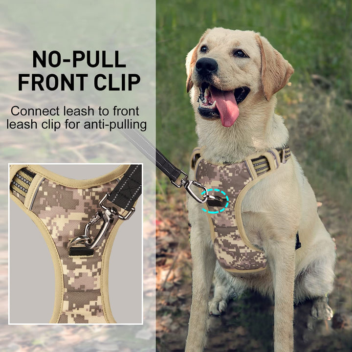 Dog Harness Camo for Large Dogs Medium Sized Dog Harness No Pull with Handle 2 Metal Leash Clips, Adjustable Reflective Puppy Harness, Breathable Camo Oxford Padded Vest Easy Control Front Clip