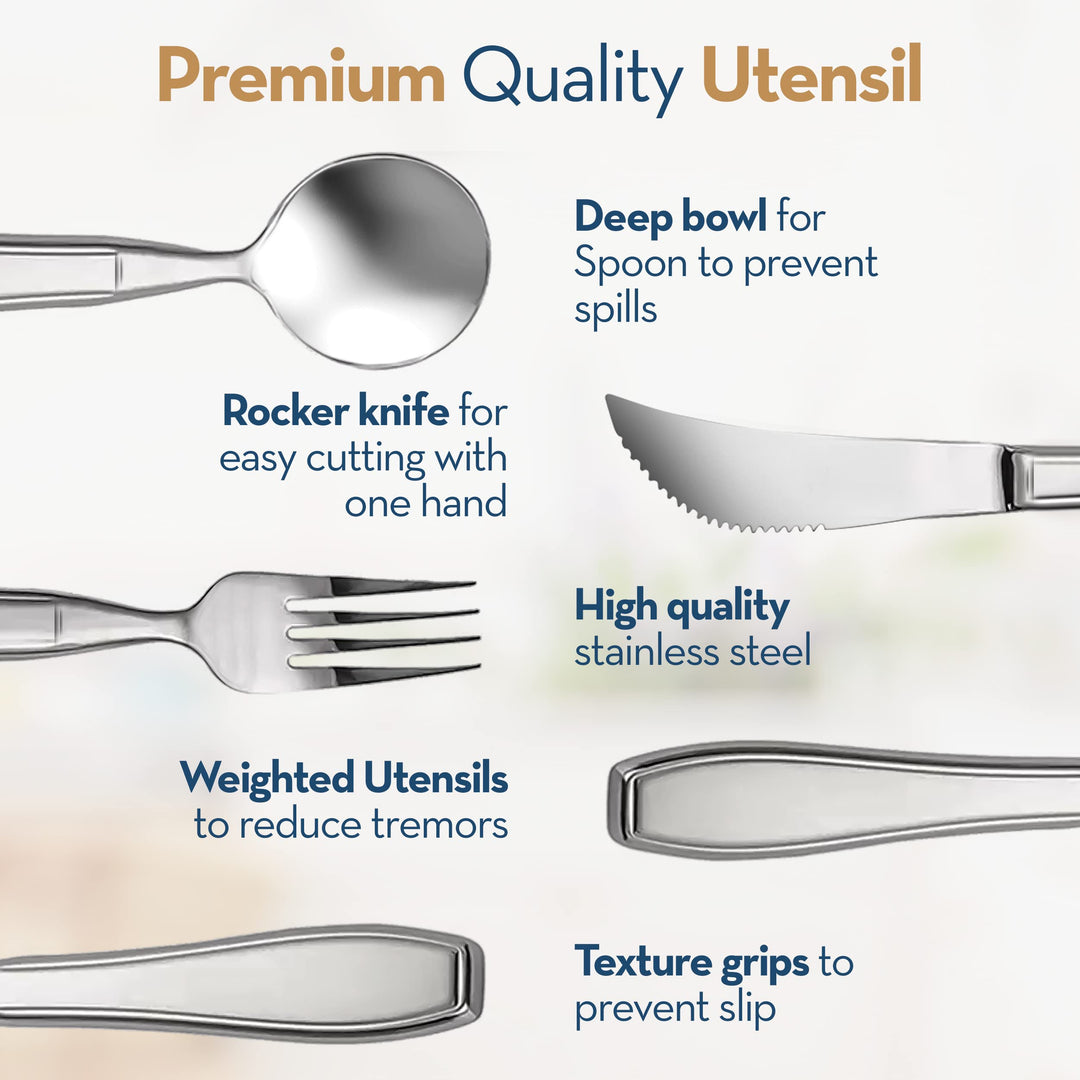 Elder Essentials Weighted Utensils for Hand Tremors, Elderly, Handicap and Parkinson Patients - Weighted Rocker Knife, Spoon and Fork Set - 4 Pieces Weighted Silverware for Hand Tremors