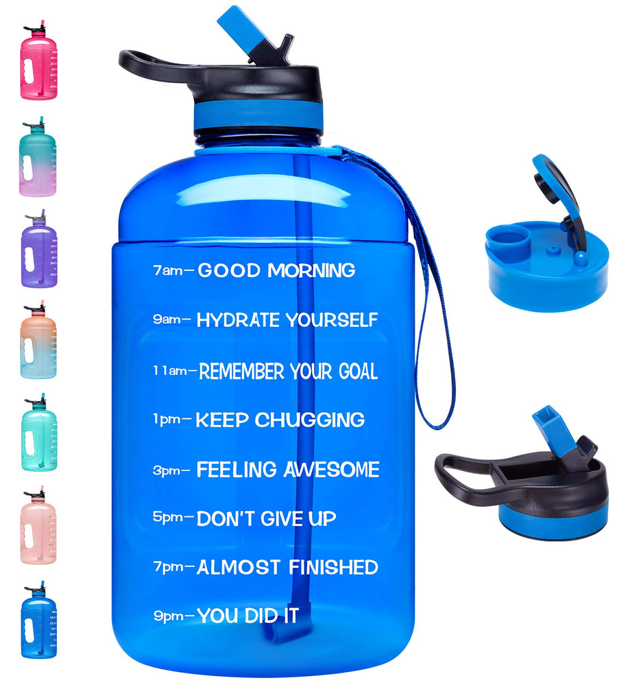 Half Gallon Water Bottle with 2 Lids, Large 64 oz Water Jug with Motivational Time Marker to Ensure You Drink Enough Water-Deep Blue