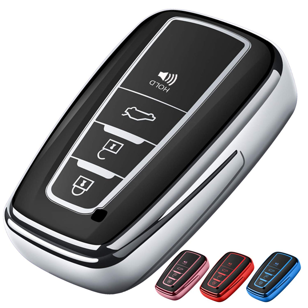 for Toyota Key Fob Cover,Special Soft TPU Key Case Cover Protector Compatible with 2020-2022 Highlander Corolla Prius, 2018-2024 RAV4 Camry Avalon C-HR GT86 (only for Keyless go)-Silver