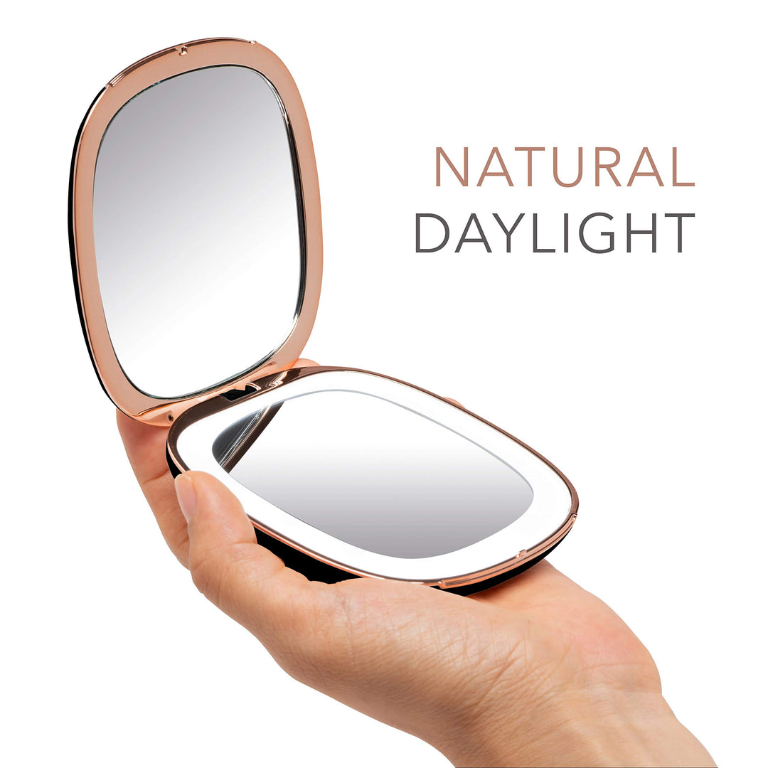 Compact Makeup Mirror with Natural LED Lights, 1x/ 10x Magnifying - Rechargeable, Portable, Lighted 4” Hand Mirror for Travel and Purses, Mila (Black)