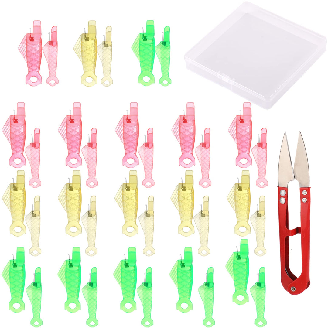36Pcs Sewing Machine Inserter Needle Threaders Fish Type Automatic Sewing Needle Threaders Hand Machine Sewing Tool with Clear Box for Small Eyes Needle