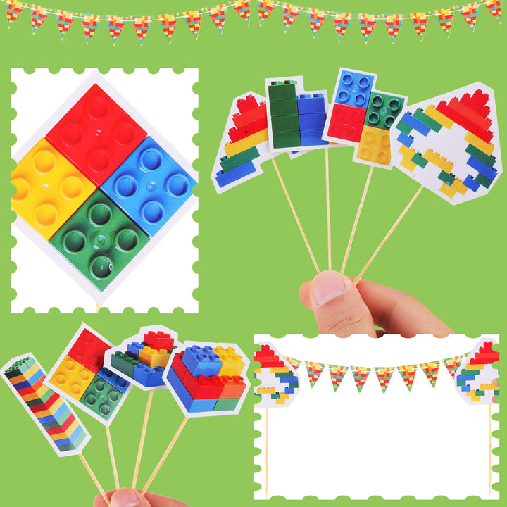 34 Pieces Building Block Themed Happy Birthday Cake Toppers Cupcake Building Block Cake Banners Building Block Birthday Decorations for Birthday Party Supplies