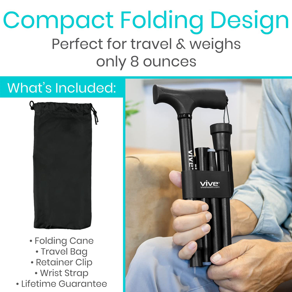 Foldable Walking Cane for Men, Women - Collapsible, Lightweight, Adjustable, Portable Hand Walking Stick - Balancing Mobility Aid - Sleek, Comfortable T Handles (Black)