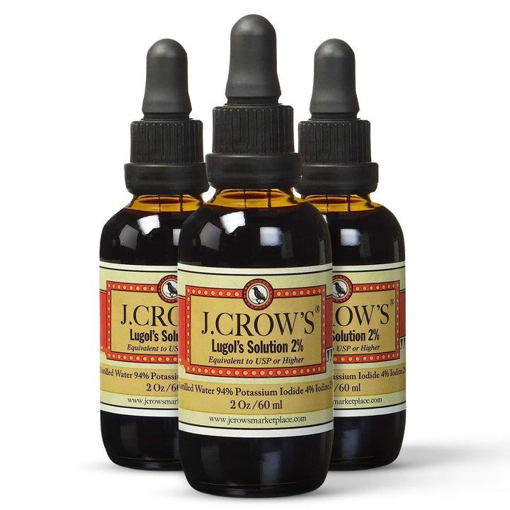 J.CROW'S® Lugol's Solution of Iodine 2% 2 oz (3 Bottles) – Premium Potassium Iodide Liquid, Supports Thyroid & Energy, Gluten &, Alcohol-Free Natural Brine Extract, No Expiration