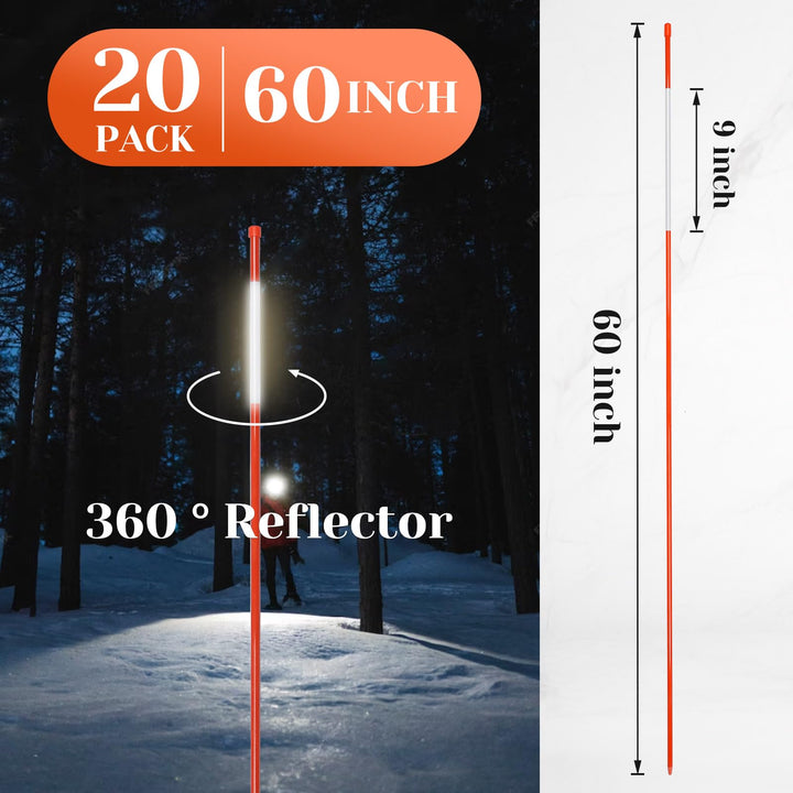 20 Pack Driveway Markers with Reflective Tape 60 inch Fiberglass Snow Stakes
