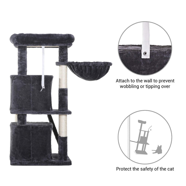 Cat Tree with Scratching Board, 2 Luxury Condos, 41.34 inches Cat Tower with Padded Plush Perch and Cozy Basket, Smoky Gray MPJ004G