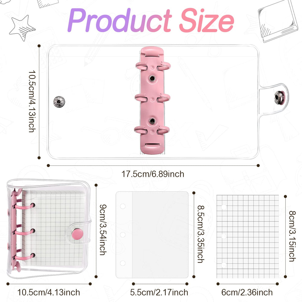 2 Sets Mini Transparent 3 Ring Binder Covers with Mini Binder Inner Paper Pockets Clear Soft PVC Notebook Closure Loose Leaf Folder Round Ring Binder Cover Protector with Snap Button (Pink, Purple)