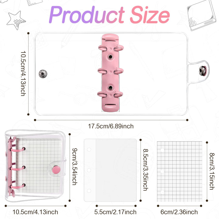 2 Sets Mini Transparent 3 Ring Binder Covers with Mini Binder Inner Paper Pockets Clear Soft PVC Notebook Closure Loose Leaf Folder Round Ring Binder Cover Protector with Snap Button (Pink, Purple)