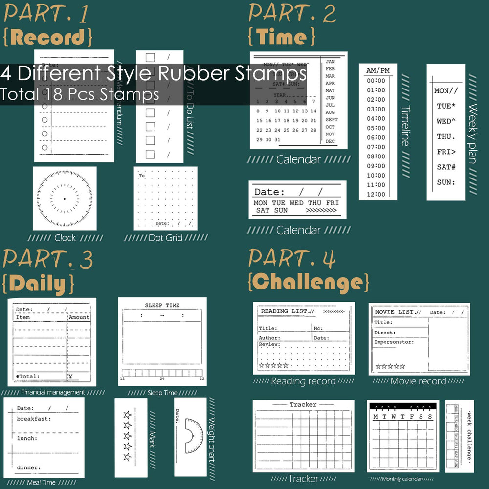 18 Pcs Journal Stamps w/Ink Pad, 4 Set Bujo Stamp Calendar Planner Stencil for Journal DIY, to Do List, Tasks, Month Week Dates Organizer, Scrapbooking Craft, Enhance and Simplify Your Planner