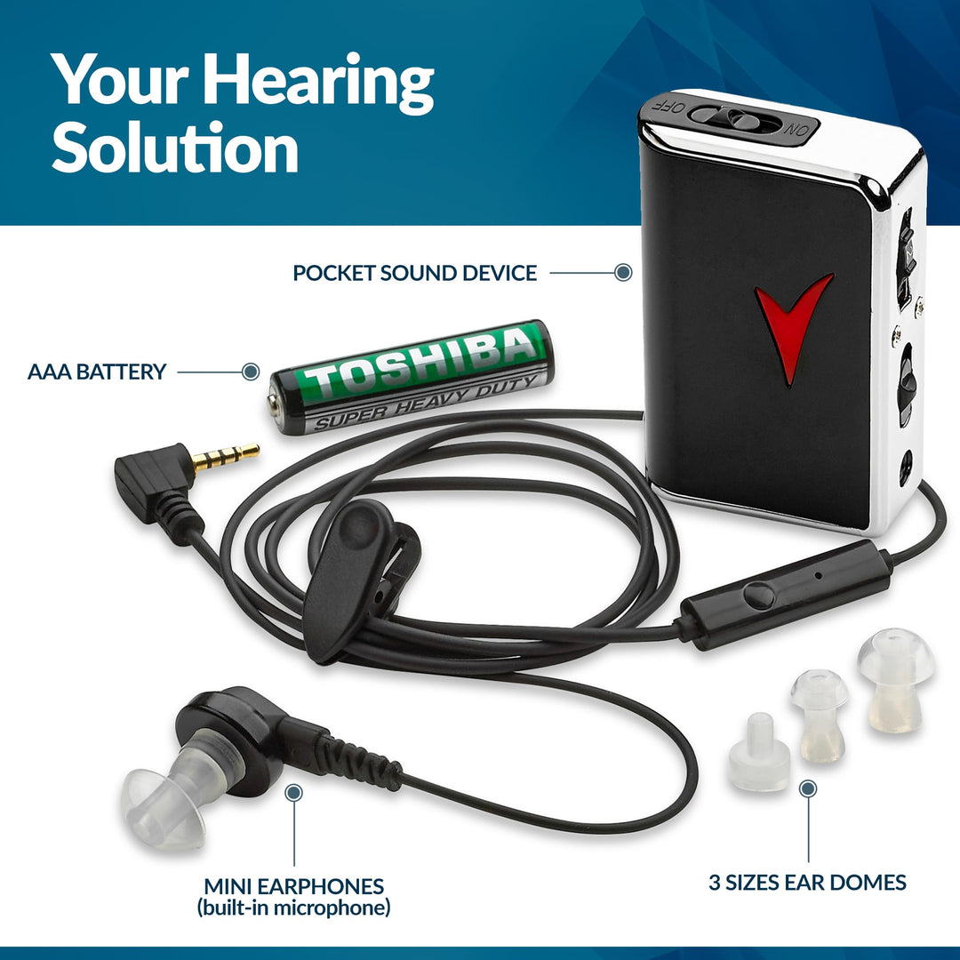 Personal Sound Amplifier - Hearing Aids for Seniors, Audio Hearing Amplifier Device and Voice Enhancer Device for Sound Gain of 50dB, Up to 100 Feet Away, Pocket Hearing Devices
