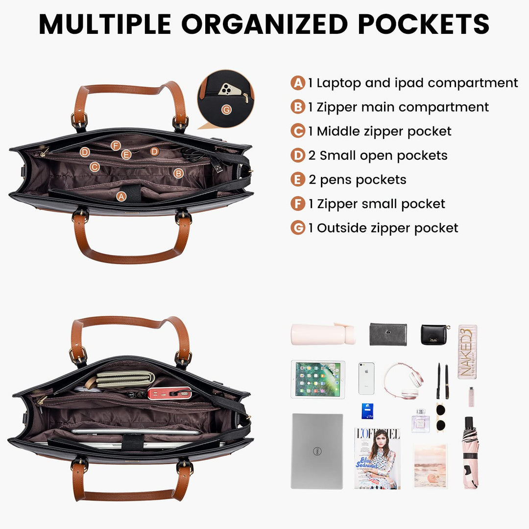 Laptop Bag for Women Work Bag 15.6 inch Large Capacity Computer Tote Handbag Faux Leather Shoulder Bag Purse