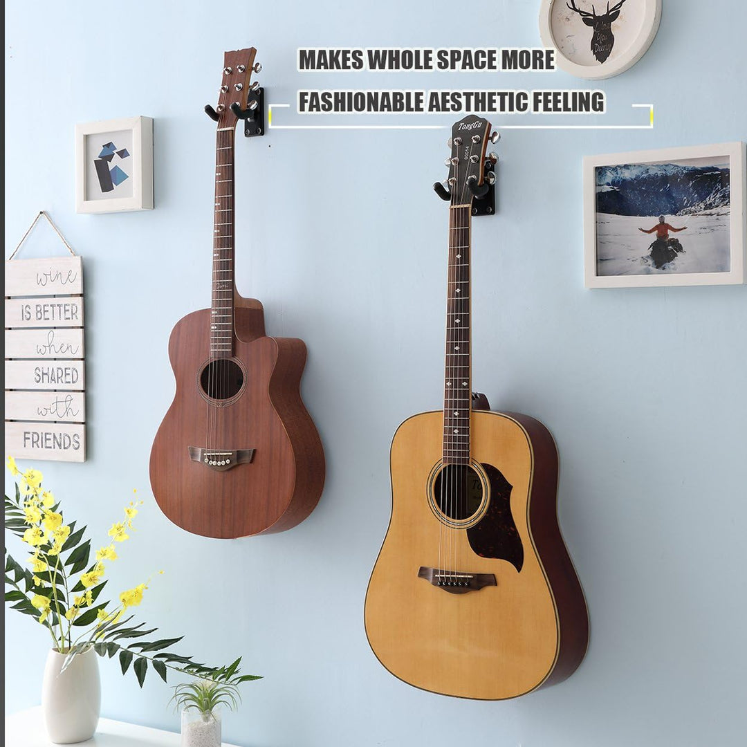 Guitar Wall Mount Hanger Hook Holder Stand 2 Pack Guitar Hangers Hooks for Acoustic Electric and Bass Guitars (2Pack-Black)