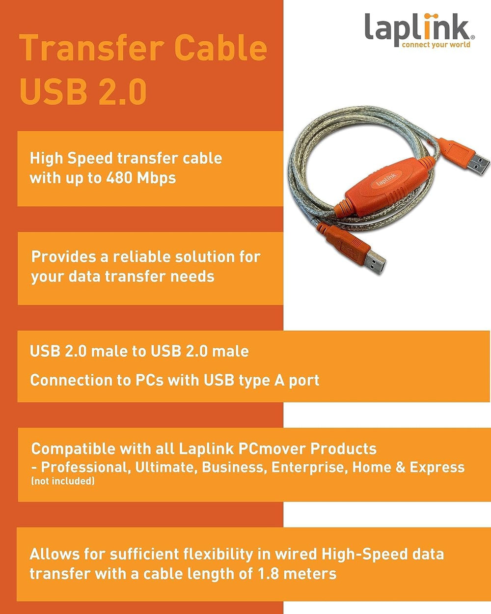 USB 2.0 High-Speed Transfer Cable, to use with PCmover Migration Software (not Included), High-Speed Data Transfers up to 480 Mbps, 6 ft.