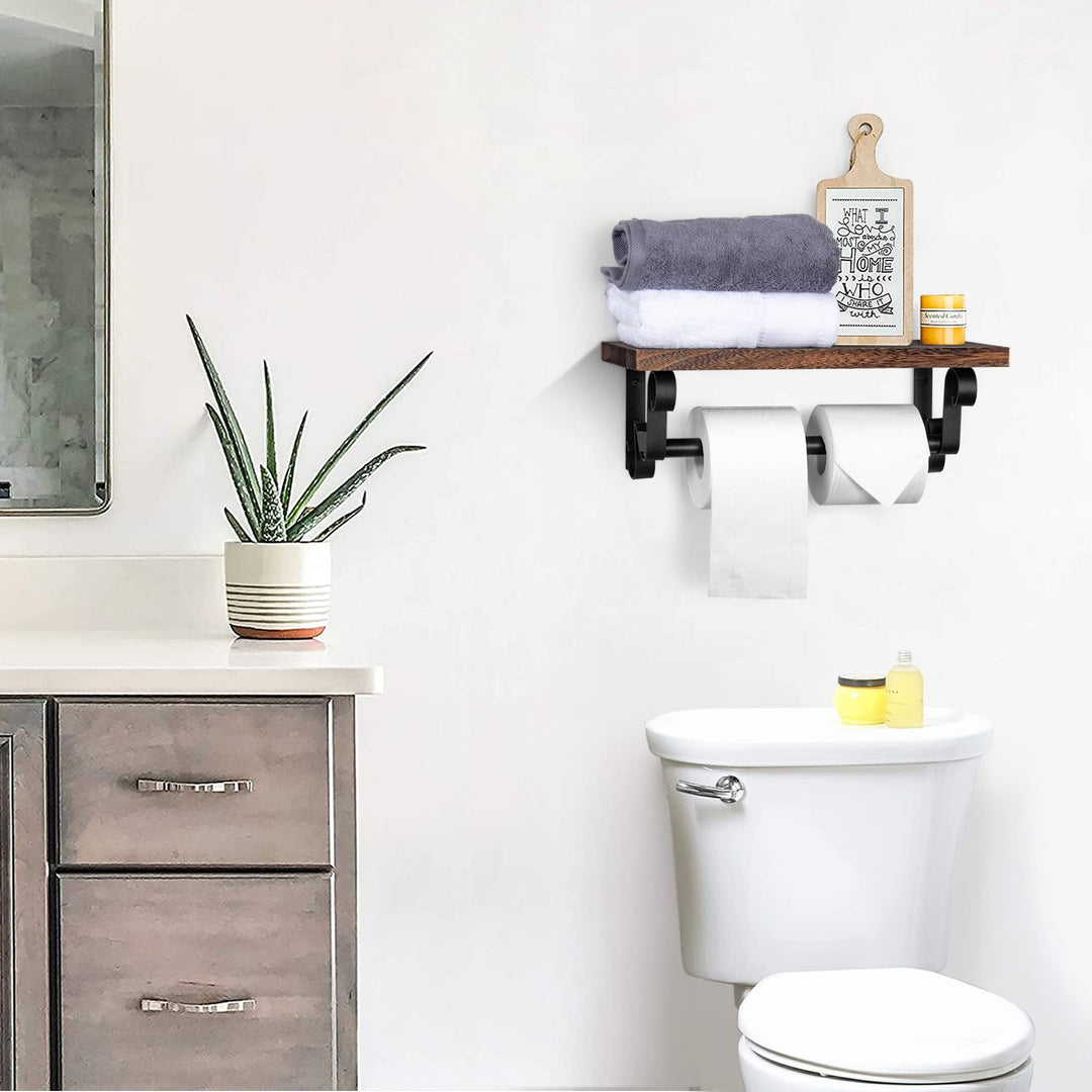 Lavievert Industrial Toilet Paper Holder, Double Roll Toilet Tissue Holder with Rustic Wood Shelf, Wall Mounted Pipe Toilet Paper Dispenser for Bathroom, Washroom, Kitchen - Brown