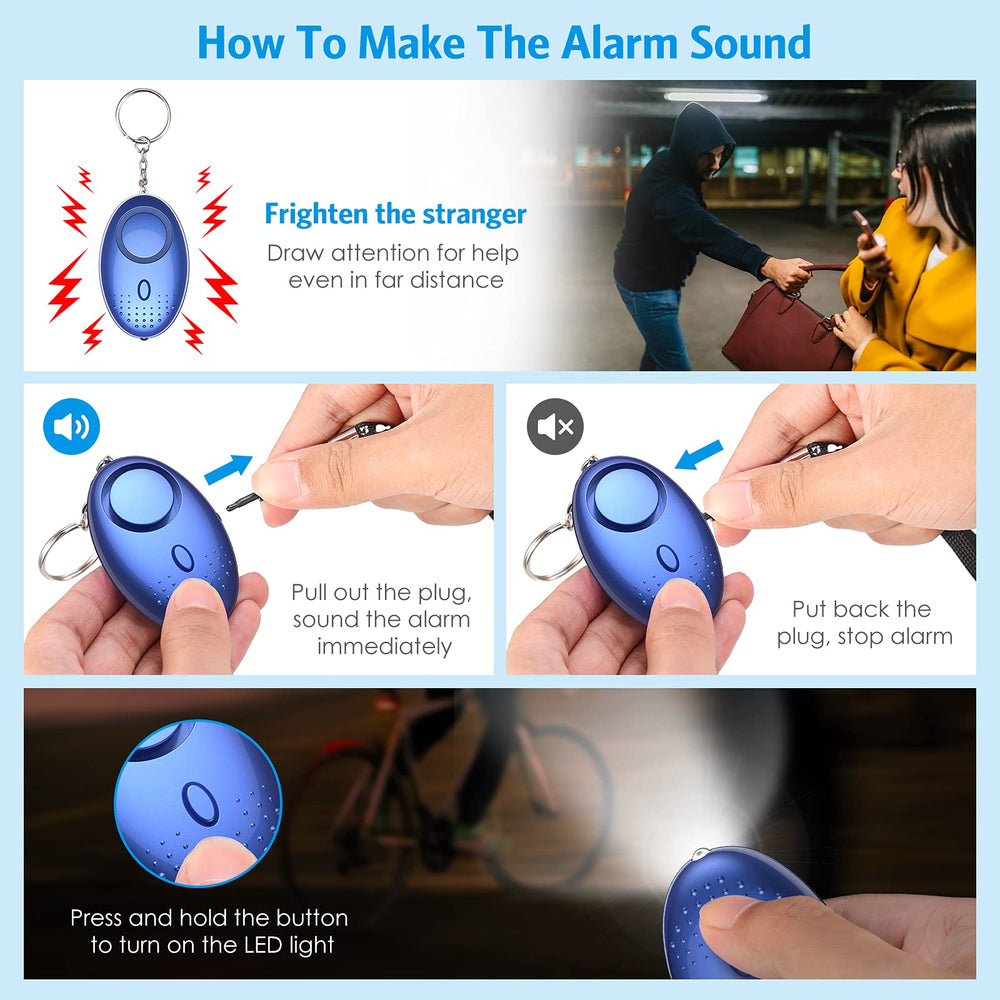 Safety Keychain Set for Women and Kids, 10 Pcs Safety Keychain Accessories, Self Defense Keychain Set for Girls with Safe Sound Personal Alarm, No Touch Door Opener, Whistle and Pom, Blue