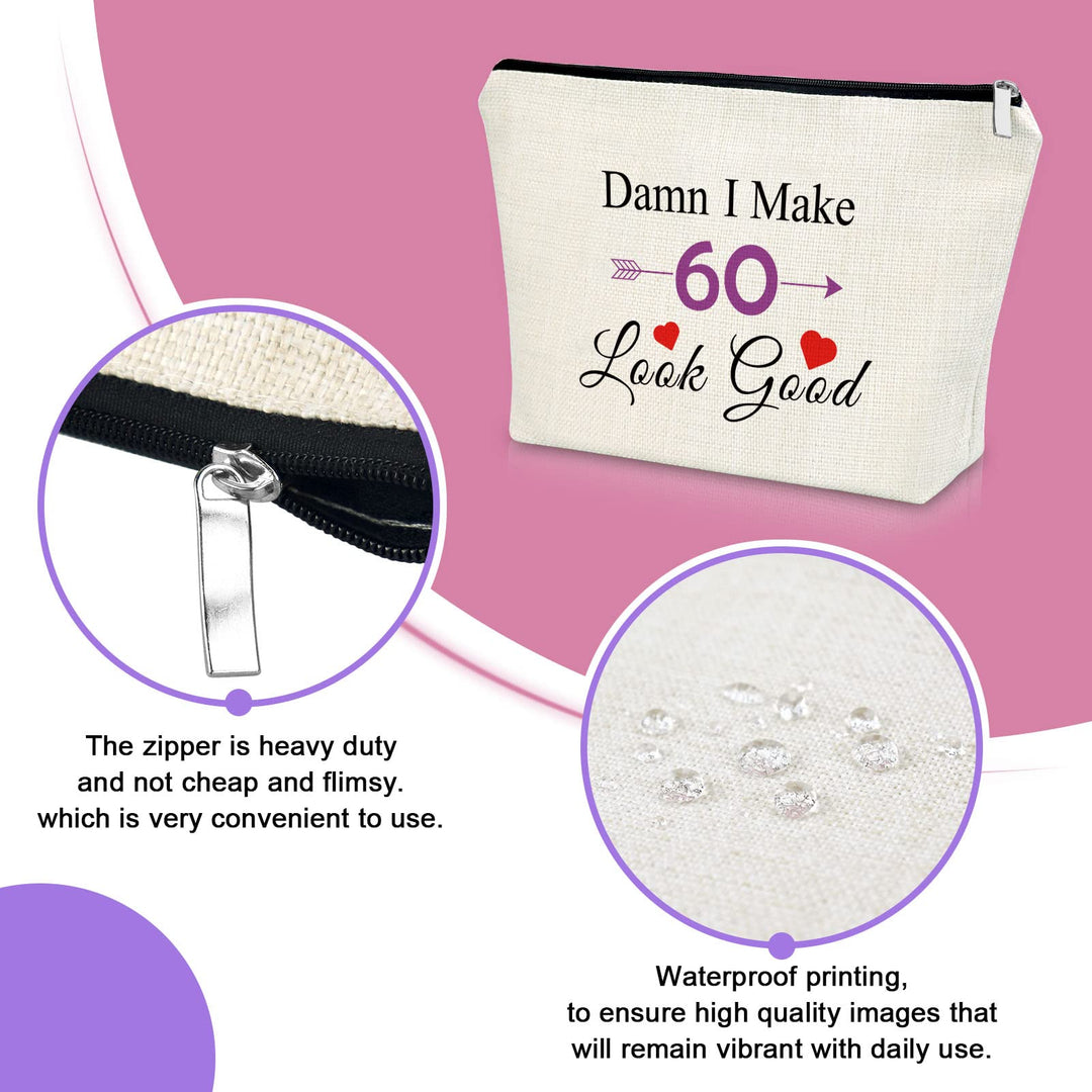 60th Birthday Gifts for Women Makeup Bag Turning 60 Gifts for Friend Female 60 Year Old Birthday Gift Cosmetic Bag Birthday Gift for Mom Grandma Aunt Wife Coworker Cosmetic Travel Pouch