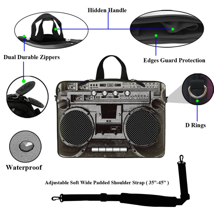 15 15.6 inch Neoprene Laptop Sleeve Bag Carrying Case with Hidden Handle and Adjustable Shoulder Strap - Cassette Player Design