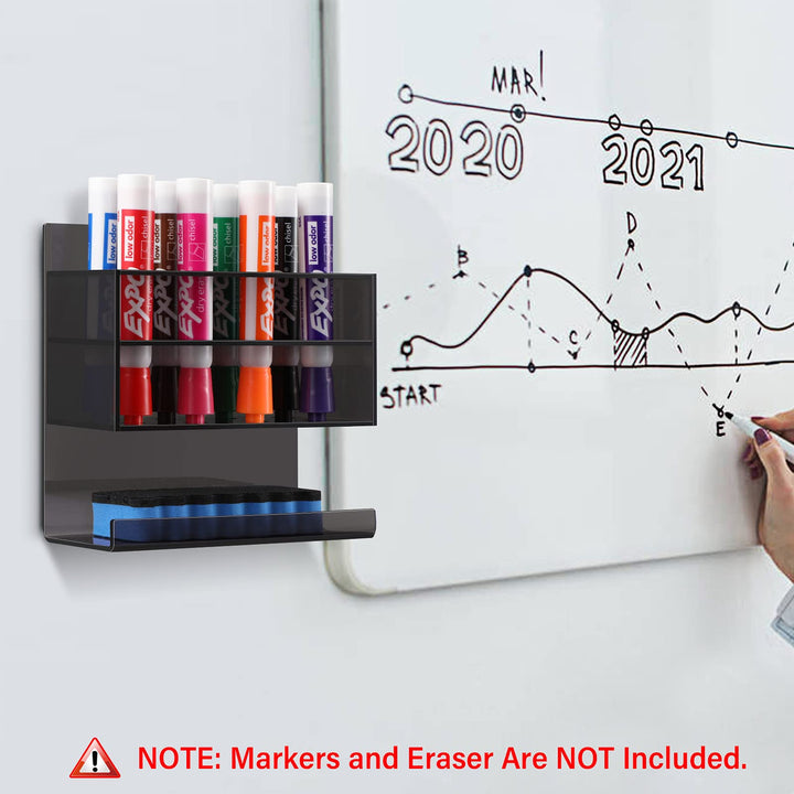 2-Tier Acrylic Dry Erase Marker Holder, 8-Slot Adhesive Wall Mount Pen Eraser Whiteboard Organizer Stand for Office, Home, Fridge (Black)