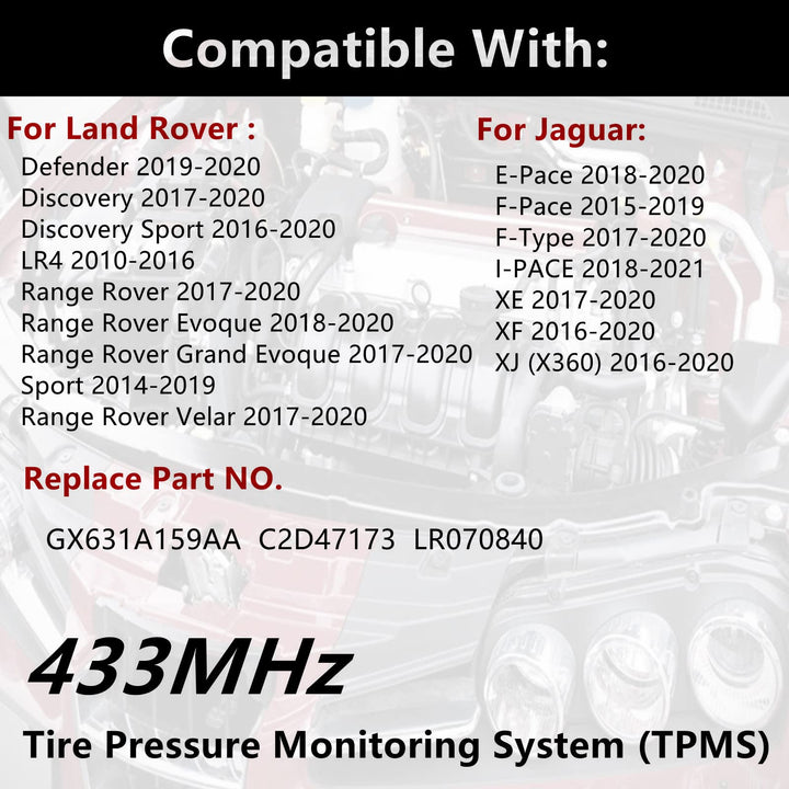 GX631A159AA TPMS 433MHz Tire Pressure Monitor Sensor for Jaguar & Land Rover 2016-2019, Defender Discovery Sport Range Rover Grand Evoque Velar F Pace Type XE XF XJ, Replace# C2D47173 LR070840
