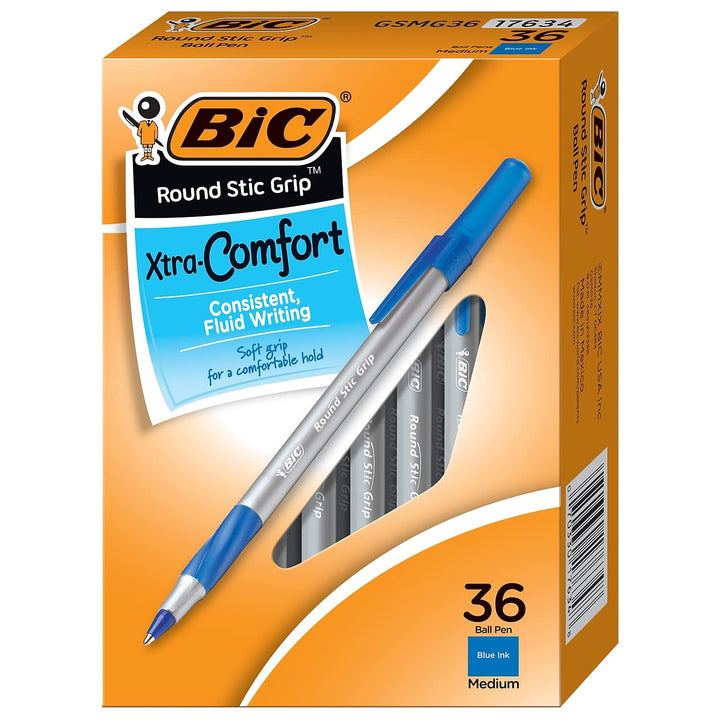 Round Stic Grip Xtra Comfort Blue Ballpoint Pens, Medium Point (1.2mm), 36-Count Pack, Excellent Writing Pens With Soft Grip for Superb Comfort and Control