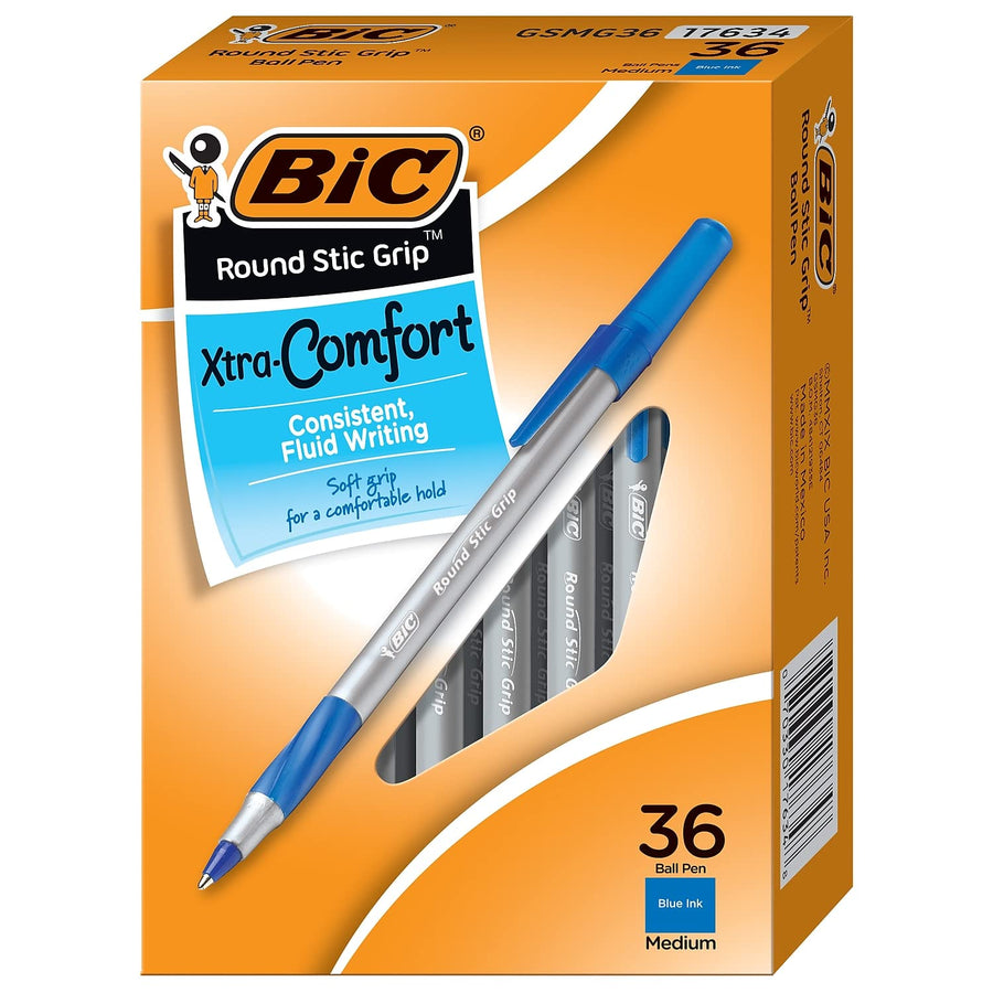 Round Stic Grip Xtra Comfort Blue Ballpoint Pens, Medium Point (1.2mm), 36-Count Pack, Excellent Writing Pens With Soft Grip for Superb Comfort and Control