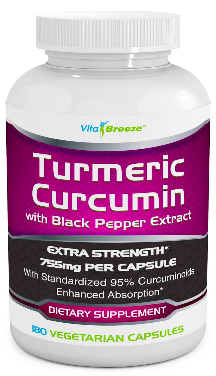 Turmeric Curcumin Complex with Black Pepper Extract - 755mg per Capsule, 180 Veg. Caps - Contains Piperine (for Superior Absorption and Tumeric Bio-Availability) and 95% Standardized Curcuminoids