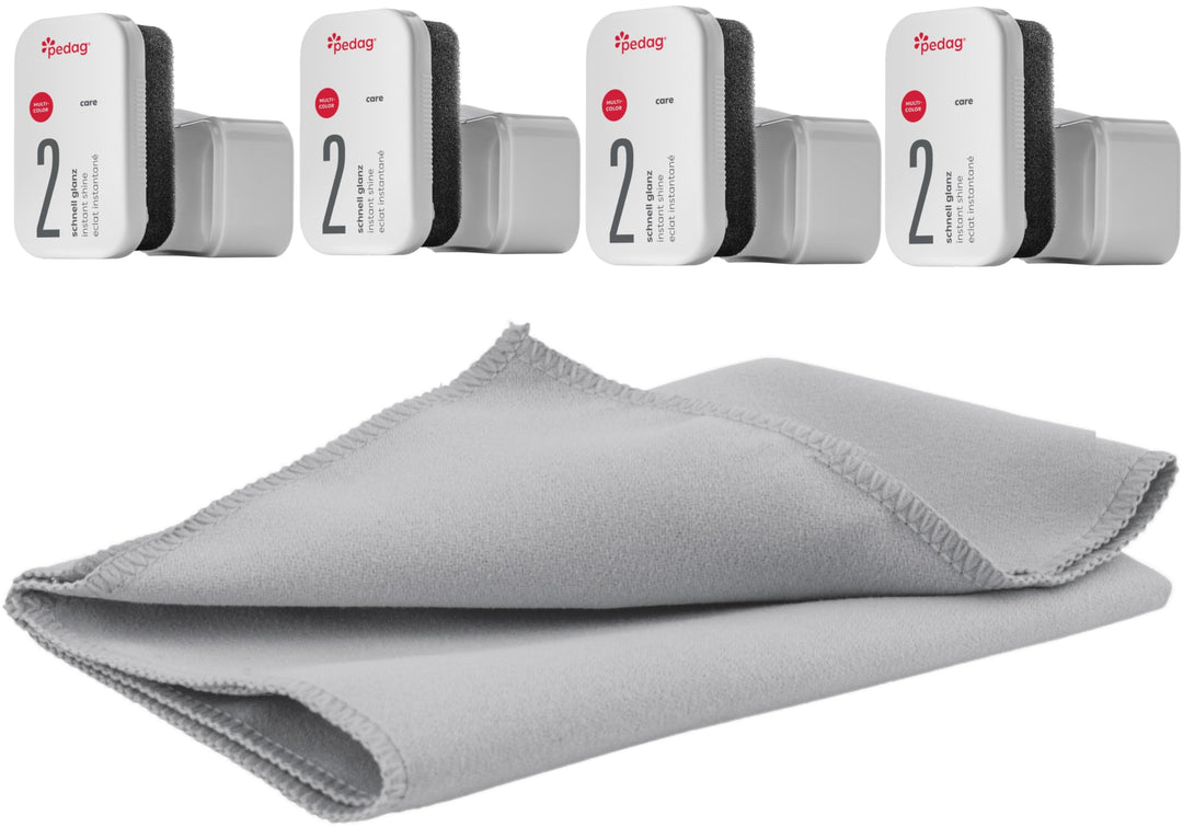 Shine, Adds a Glossy Sheen to Genuine, Synthetic, and Imitation Leather, Adds Waterproof Protection from Weather and Dry Rot, Made in Spain, 2.2 Ounces, 4 Pack + Buffing Cloth