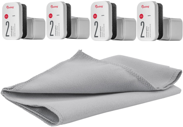 Shine, Adds a Glossy Sheen to Genuine, Synthetic, and Imitation Leather, Adds Waterproof Protection from Weather and Dry Rot, Made in Spain, 2.2 Ounces, 4 Pack + Buffing Cloth