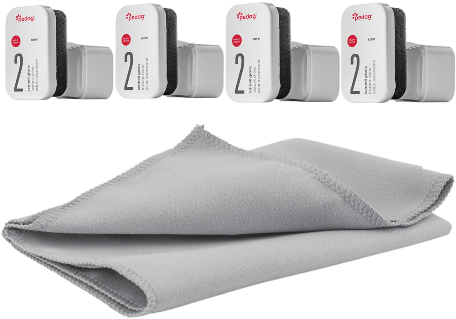 Shine, Adds a Glossy Sheen to Genuine, Synthetic, and Imitation Leather, Adds Waterproof Protection from Weather and Dry Rot, Made in Spain, 2.2 Ounces, 4 Pack + Buffing Cloth